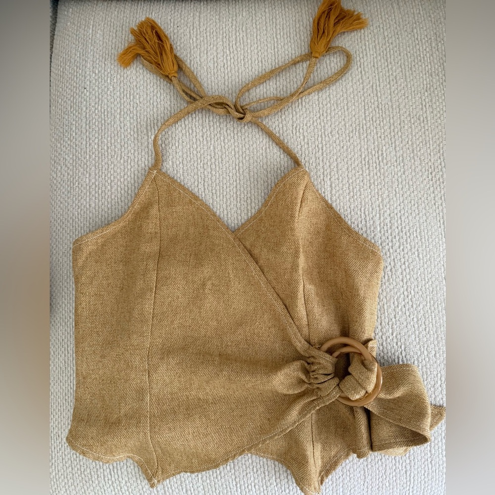 Moon River yellow wrap halter top